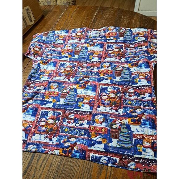 Large S.C.R.U.B.S. Christmas Holiday Winter Snowman Short Sleeve Scrub Top Shirt - Picture 7 of 7